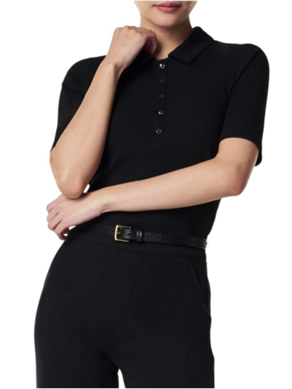 SPANX NWT Black Ribbed Polo Top in Sz S